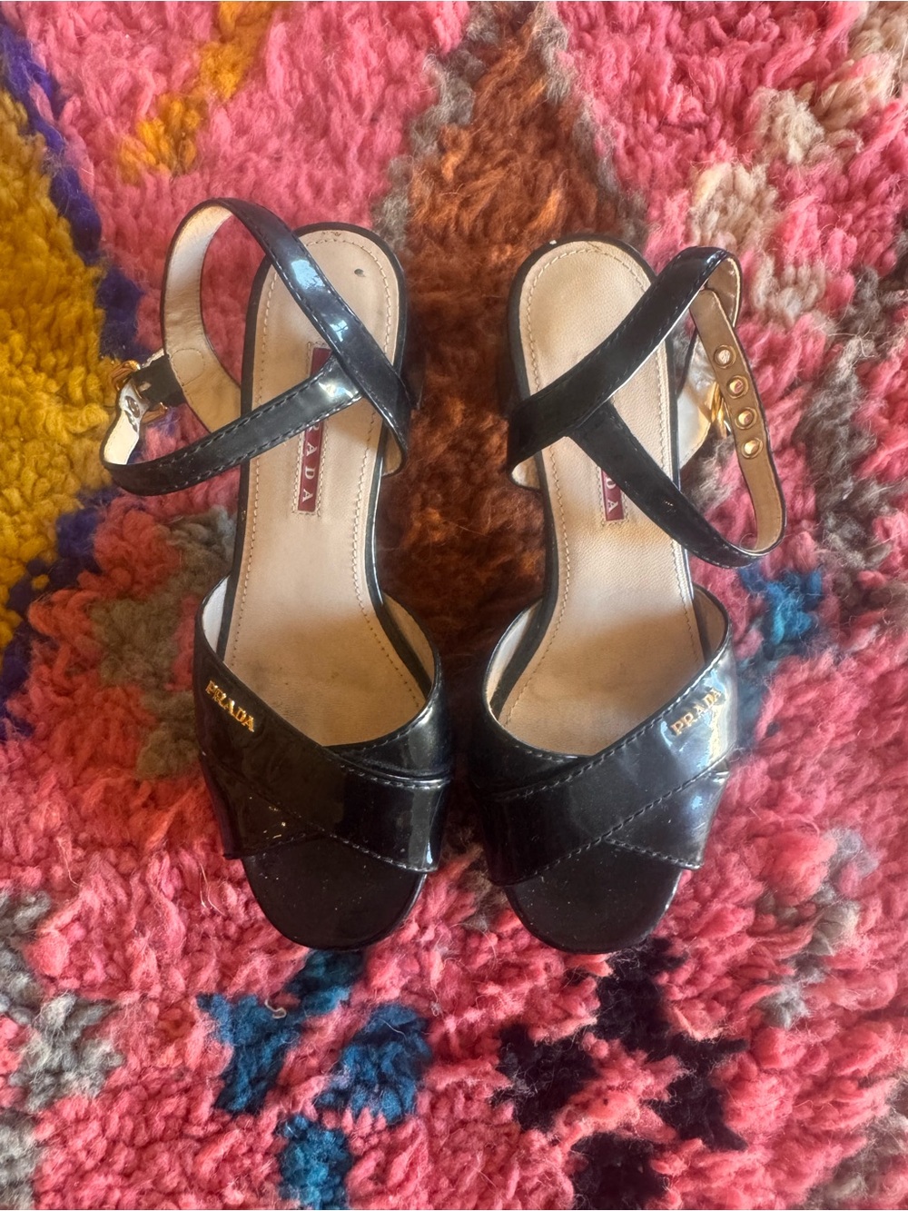 Prada Black Patent Leather Crisscross Open-Toe Heels